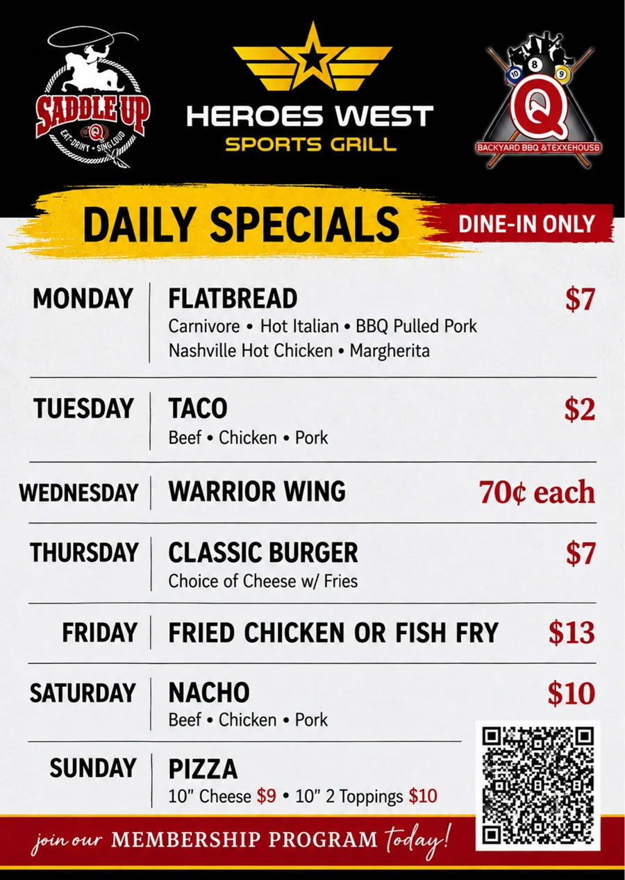 Daily Food Specials at Q - Spetember 2026